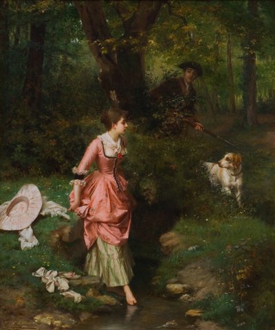 A Young Lady Crossing a Brook by Emile Pierre Metzmacher